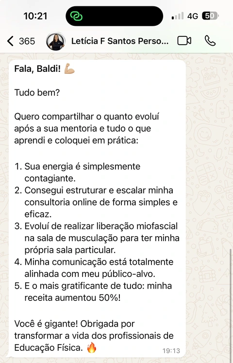 Letícia F. Santos: Receita 50% maior após aplicar os ensinamentos da mentoria.