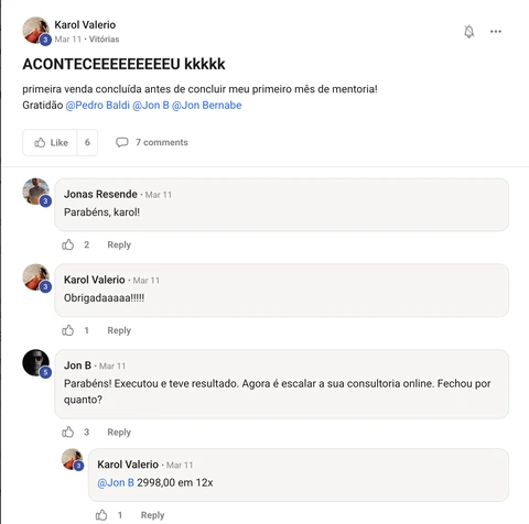Karol Valerio: Primeira venda de R$2.998 antes de completar um mês de mentoria.